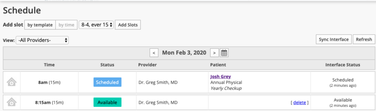 Schedule tab in NextPatient